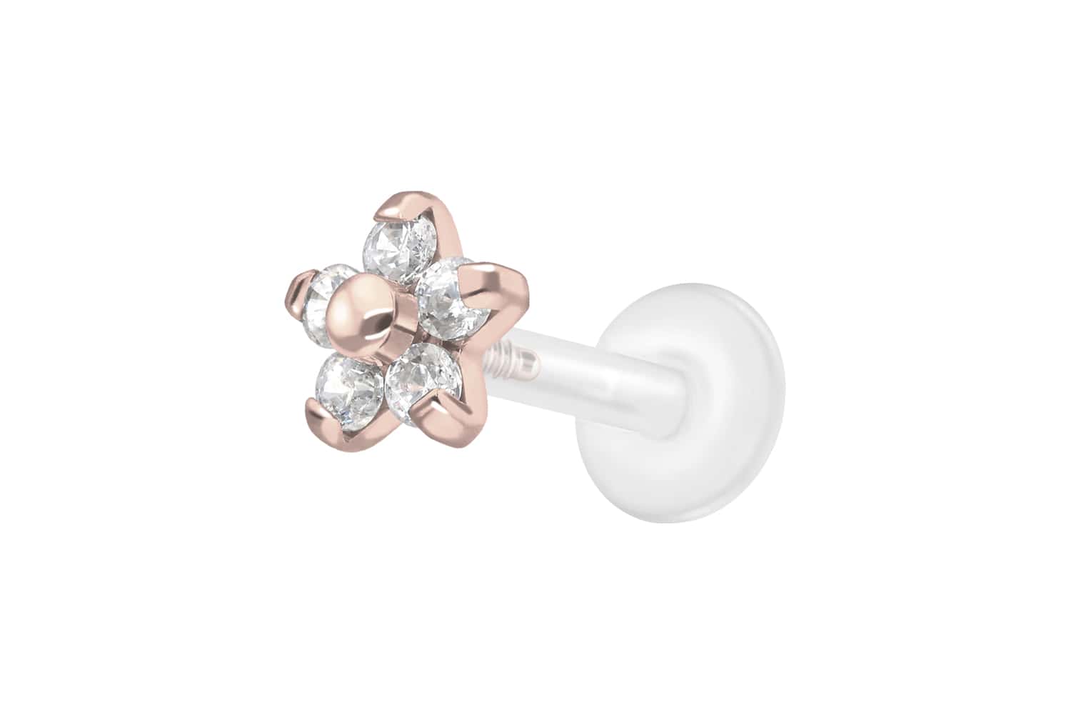 PTFE Labret Piercing mit Innengewinde + Titan-Aufsatz BLUME MIT 5 KRISTALLEN